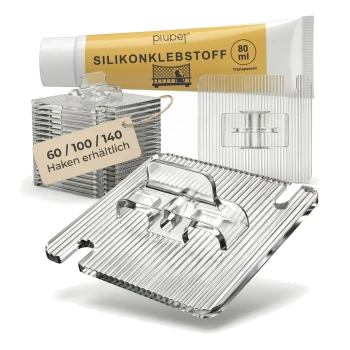 Transparente Acryl-Verbindungsplatten und Clips mit Plupet-Silikonklebstofftube beschriftet 'SILIKONKLEBSTOFF 80 ml' und Schild '60/100/140 Haken erhältlich'.