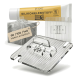 Transparente Acryl-Verbindungsplatten und Clips mit Plupet-Silikonklebstofftube beschriftet 'SILIKONKLEBSTOFF 80 ml' und Schild '60/100/140 Haken erhältlich'.