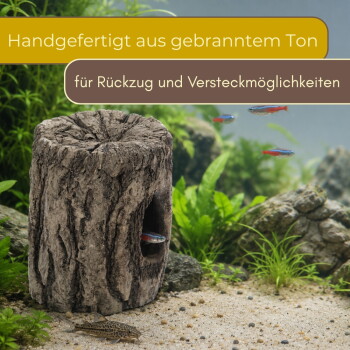 Aquarien-Tonstumpf-Versteck mit Fischen und Pflanzen; deutscher Banner: 'Handgefertigt aus gebranntem Ton'.