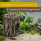 Aquarien-Tonstumpf-Versteck mit Fischen und Pflanzen; deutscher Banner: 'Handgefertigt aus gebranntem Ton'.