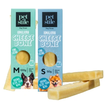 Zwei Schachteln Petstile Himalaya-Käse-Knochen-Hundeleckerlis, beschriftet M (100g) und S (50g), mit Bildern eines Border Collie und eines Pomeranian.