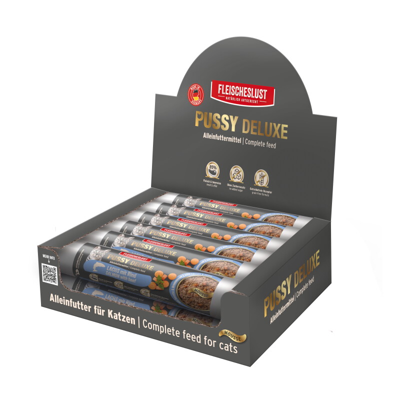 Pussy Deluxe Lachs mit Rind Alleinfutter Wurst Katze 12x100g