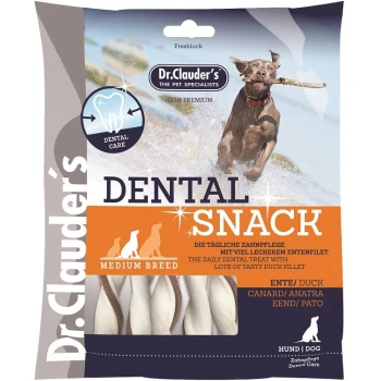 Dental Snack Ente - Medium Breed 170g Dr. Clauder's Dental Snack für Hunde mittelgroßer Rassen, mit einem verspielten Hund im Wasser, mit Text, der die Zahnpflege und die Zutaten von Entenfilet hervorhebt.