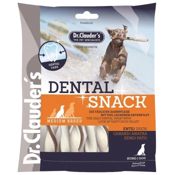 Snack dentaire Dr. Clauder pour chiens de taille moyenne, présentant un chien joueur dans l'eau, avec un texte mettant en avant les soins dentaires et les ingrédients de filet de canard.