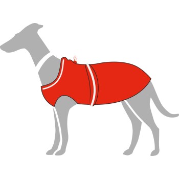 Eine graue Silhouette eines Hundes, der einen leuchtend roten Hundemantel mit weißem Rand trägt, der ein stilvolles und funktionales Design zeigt.