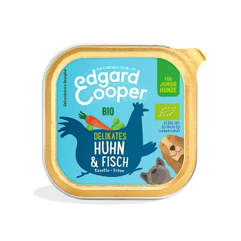 Edgard Cooper Bio-Hundefutter für Junghunde, mit Huhn und Fisch sowie Karotten und Erbsen, in einer bunten Verpackung.