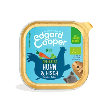 Edgard Cooper Bio-Hundefutter für Junghunde, mit Huhn und Fisch sowie Karotten und Erbsen, in einer bunten Verpackung.