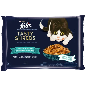 Eine Packung Felix Tasty Shreds Katzenfutter mit einer verspielten schwarz-weißen Katze auf der Vorderseite, mit einer Schüssel mit zerrissenem Fisch in Sauce.