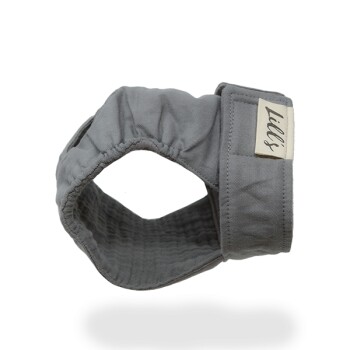 Graues Haustiergeschirr mit einem weichen, gepolsterten Design und einem Etikett mit der Aufschrift "Lilly's" an der Seite.