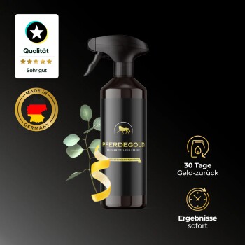 Schwarze Sprühflasche beschriftet mit "PFERDEGOLD. Pflegemittel für Pferde" mit "INSEKTENSCHUTZSPRAY", umgeben von Eukalyptusblättern und einem gelben Band.