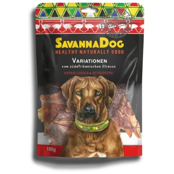 Variationen vom südafrikanischen Strauß 100g SavannaDog-Hundeleckerli-Verpackung mit 'Variationen vom südafrikanischen Strauss', als hypoallergen und getreidefrei gekennzeichnet, 100g.