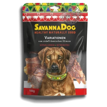 SavannaDog-Hundeleckerli-Verpackung mit 'Variationen vom südafrikanischen Strauss', als hypoallergen und getreidefrei gekennzeichnet, 100g.