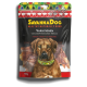 Opakowanie przysmaku dla psa SavannaDog z napisem "Variationen vom südafrikanischen Strauss", oznaczone jako hipoalergiczne i bezglutenowe, 100g.