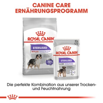 Bild von Royal Canin Hundefutter: "Sterilised Medium" Beutel und "Sterilised All Sizes" Beutel für Gewichtserhaltung, mit "CANINE CARE."