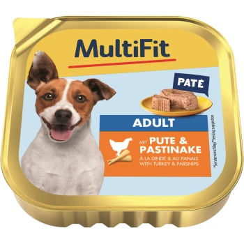 MultiFit Hundefutterpaté für Erwachsene, mit Truthahn und Pastinaken, mit einer Serviervorschlag und Bildern des Produkts auf dem Etikett.