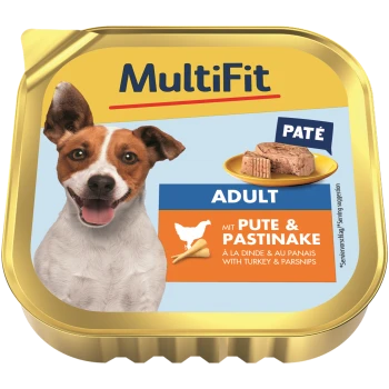MultiFit Hundefutterpaté für Erwachsene, mit Truthahn und Pastinaken, mit einer Serviervorschlag und Bildern des Produkts auf dem Etikett.