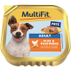 Pâté pour chiens MultiFit pour adultes, avec de la dinde et des panais, avec une suggestion de service et des images du produit sur l'étiquette.