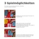 Bild eines Hundespiels mit drei interaktiven Optionen, mit bunten Plüschpommes und einem Hotdog, mit deutschen Anweisungen.