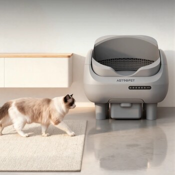 Katze nähert sich einer modernen grauen ASTROPET automatischen Katzentoilette auf einem Boden mit beigem Teppich.