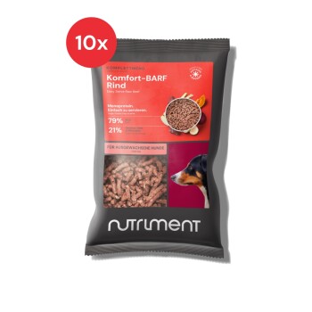 Verpackung für rohes Rindfleisch-Hundefutter mit der Aufschrift "Komfort-BARF Rind", mit 79% Fleisch und 21% anderen Zutaten, geeignet für erwachsene Hunde.
