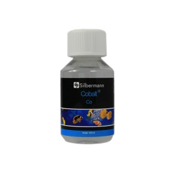 Flasche mit Silbermann Kobalt Ergänzung für Fische, 100 ml, mit bunten Fischgrafiken auf blauem Hintergrund.