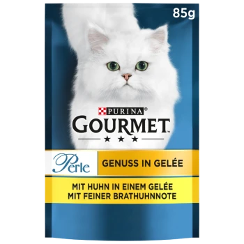 Purina Gourmet Katzenfutterverpackung mit einer weißen Katze, beschriftet "Perle Genuss in Gelée" mit Huhn in Gelee, 85g.