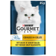 Emballage de nourriture pour chats Purina Gourmet avec un chat blanc, étiqueté "Perle Genuss in Gelée" avec du poulet en gelée, 85g.