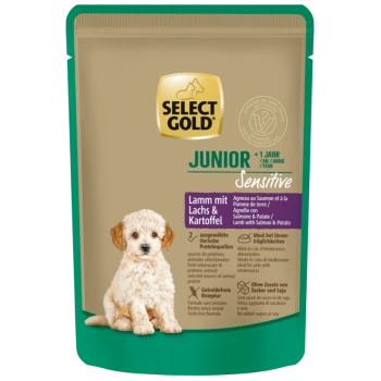 Select Gold Junior Sensitive Hundefutter für Welpen unter 1 Jahr, Lamm mit Lachs & Kartoffel, getreidefrei, ohne Zuckerzusatz oder Soja.