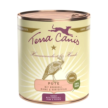 Dosen-Hundefutter von Terra Canis mit Truthahn, Brokkoli, Birne und Kartoffel. Das Etikett besagt "100% Natur" und "Hausmannskost für Hunde."