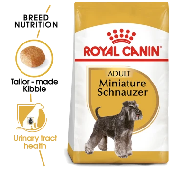 Royal Canin Adult Miniature Schnauzer dog food bag with schnauzer illustration, emphasizing breed nutrition and urinary health.