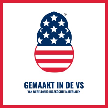 Pootlogo in Amerikaanse vlagstijl boven Nederlandse tekst 'GEMAAKT IN DE VS' en 'VAN WERELDWIJD INGEKOCHTE MATERIALEN'