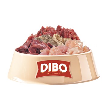 Eine Hundenapf gefüllt mit rohem Hähnchen, Rindfleisch und Innereien, beschriftet mit "DIBO" und dem Slogan "Für die Besten das Beste."
