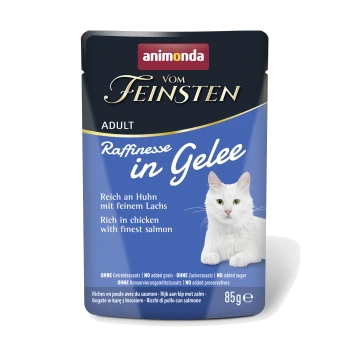 Animonda Vom Feinsten Katzenfutterbeutel für Erwachsene, 'Raffinesse in Gelee', weiße Katze, reich an Huhn mit Lachs, 85 g.
