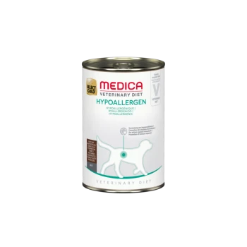Dosen-Hundefutter mit der Aufschrift "Medica Veterinary Diet Hypoallergen," mit einer Hundesilhouette und mehrsprachigen hypoallergenen Informationen.