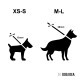 Silhouettenillustrationen von zwei Hunden mit Größenetiketten: XS-S (13mm) links und M-L (20mm) rechts, von "THE DOG IDEA."