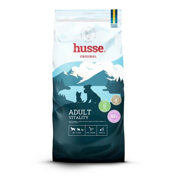Super Premium Hundefutterbeutel mit der Aufschrift 'Valp Plus' mit 80 % tierischem Protein, mit einem Hundesymbol und Ansprüchen zur Unterstützung der Verdauung.