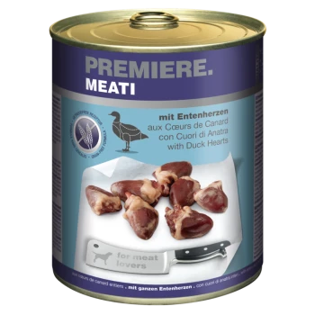 Nourriture en conserve pour animaux étiquetée "Premiere Meati" contenant des cœurs de canard, avec un couteau et le texte "pour les amateurs de viande" sur l'étiquette.