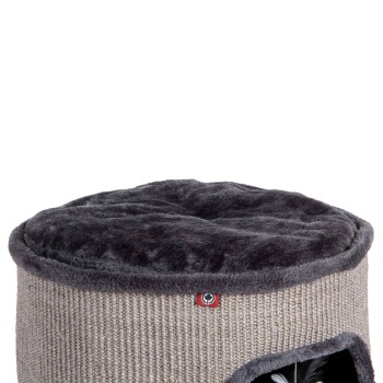 Ein gemütliches, rundes Haustierbett mit einer weichen, dunkelgrauen Oberseite und einem strukturierten beigen Äußeren, mit einem kleinen Eingang für Haustiere.