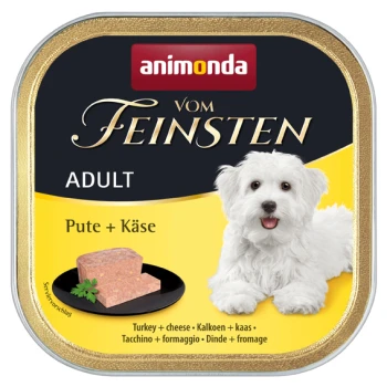 Eine Dose Animonda Vom Feinsten Hundefutter für Erwachsene, mit Truthahn und Käse. Das Etikett zeigt einen niedlichen weißen Hund und eine Scheibe Futter auf einem Teller.
