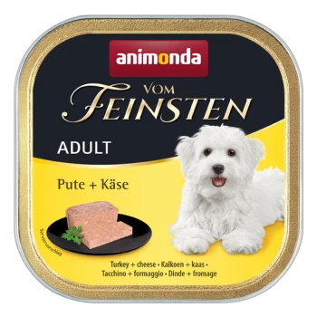 Eine Dose Animonda Vom Feinsten Hundefutter für Erwachsene, mit Truthahn und Käse. Das Etikett zeigt einen niedlichen weißen Hund und eine Scheibe Futter auf einem Teller.