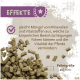 Pellets für Pferde, die die Vitalität fördern, indem sie Mineral- und Nährstoffmängel beheben; der Text hebt die Wirkungen und die Pelletgröße (6 mm) hervor.
