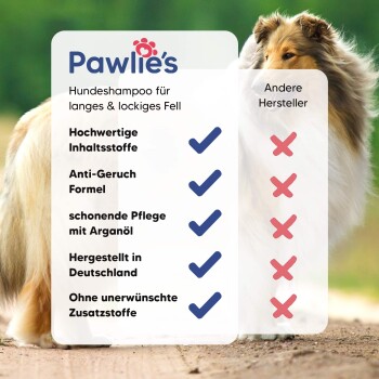 Pawlie's Hundeshampoo für langes, lockiges Fell mit hochwertigen Zutaten, geruchsneutralisierender Formel, sanftem Arganöl, hergestellt in Deutschland, ohne Zusatzstoffe.