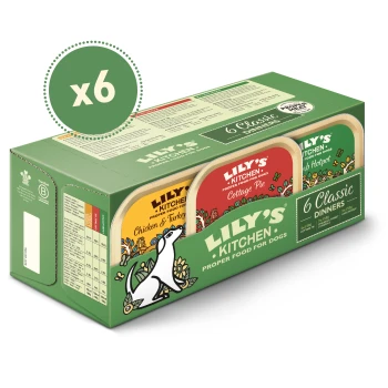 Lily's Kitchen 6 Classic Dinners dog food pack with Chicken & Turkey, Cottage Pie, and Lamb Hotpot flavors, x6 meals.