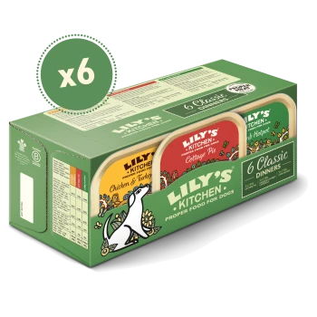 Lily's Kitchen 6 Classic Dinners dog food pack with Chicken & Turkey, Cottage Pie, and Lamb Hotpot flavors, x6 meals.