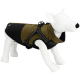Ein Hundemanikin, der eine stilvolle schwarze und olivgrüne Hundejacke mit einem Geschirr trägt, das ein modernes Design für Haustierbekleidung zeigt.