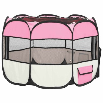 Rosa und weiße Haustier-Spielwiese mit Netzseiten und einem Reißverschluss, entworfen für kleine Tiere.