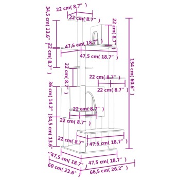 Illustration eines mehrstöckigen Katzenbaums mit verschiedenen Plattformen, Tunneln und in Zentimetern und Zoll beschrifteten Abmessungen.