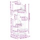 Illustration eines mehrstöckigen Katzenbaums mit verschiedenen Plattformen, Tunneln und in Zentimetern und Zoll beschrifteten Abmessungen.