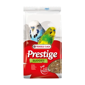 Eine Tüte Versele-Laga Prestige Budgies Vogelfutter mit zwei bunten Wellensittichen auf der Vorderseite, mit Text, der "100% Pure Nature" hervorhebt.