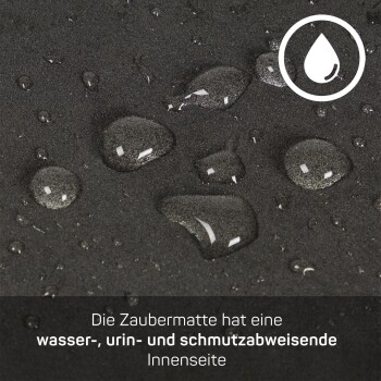 Nahaufnahme einer schwarzen Haustiermatte mit Wassertropfen, mit dem Text "Die Zaubermatte hat eine wasser-, urin- und schmutzabweisende Innenseite."